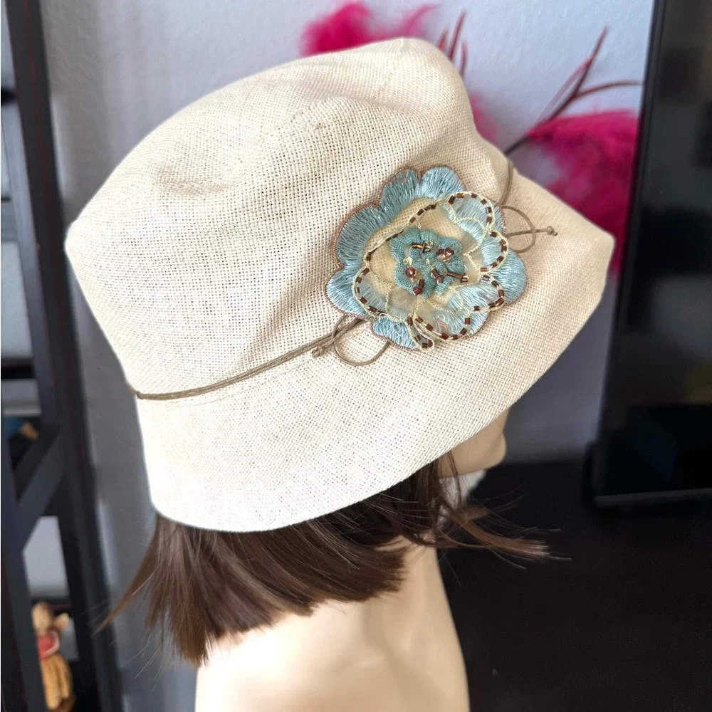 Coldwater Creek Bucket Hat with Blue Floral Accent